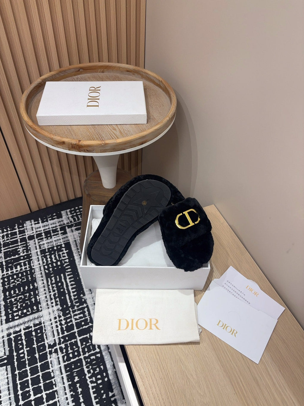 DIOR THICK-SOLE SLIPPER IN BLACK FLEECE WITH GOLD LOGO