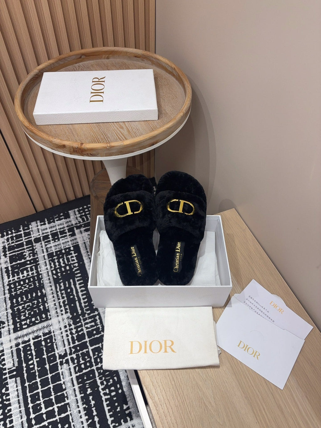 DIOR THICK-SOLE SLIPPER IN BLACK FLEECE WITH GOLD LOGO