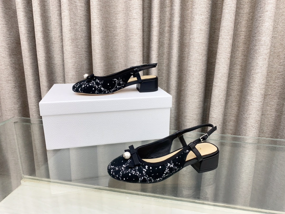 DIOR PEARL MARY JANE SLINGBACKS IN BLACK MIX WHITE TWEED 30 MM