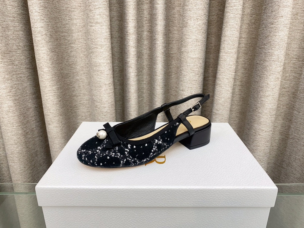 DIOR PEARL MARY JANE SLINGBACKS IN BLACK MIX WHITE TWEED 30 MM