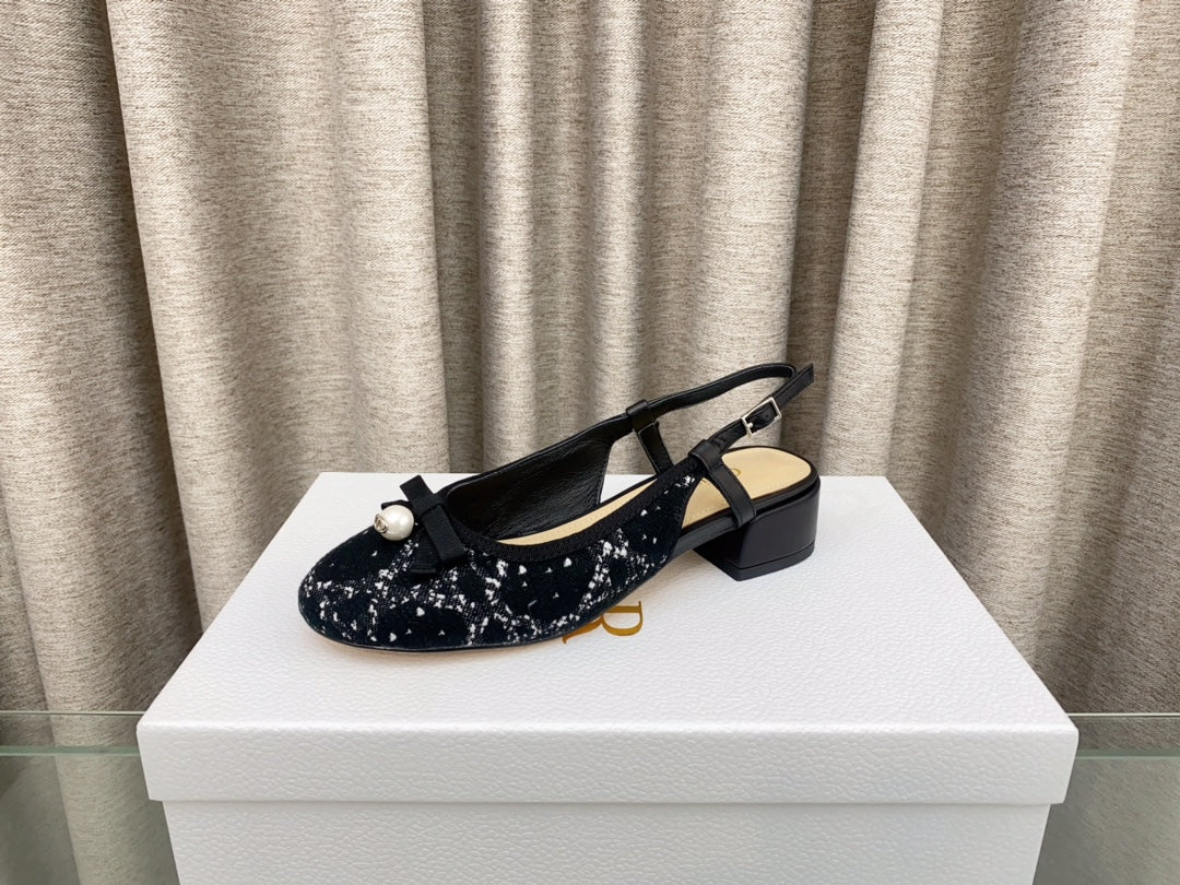 DIOR PEARL MARY JANE SLINGBACKS IN BLACK MIX WHITE TWEED 30 MM