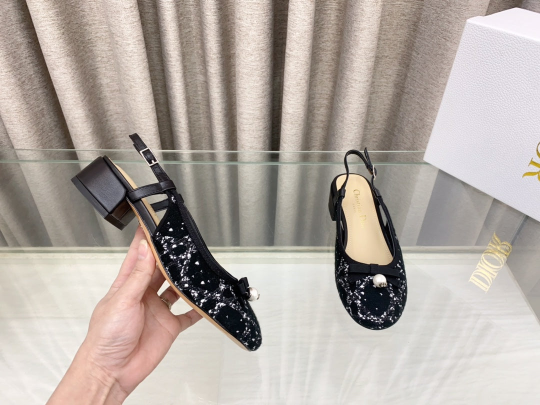 DIOR PEARL MARY JANE SLINGBACKS IN BLACK MIX WHITE TWEED 30 MM
