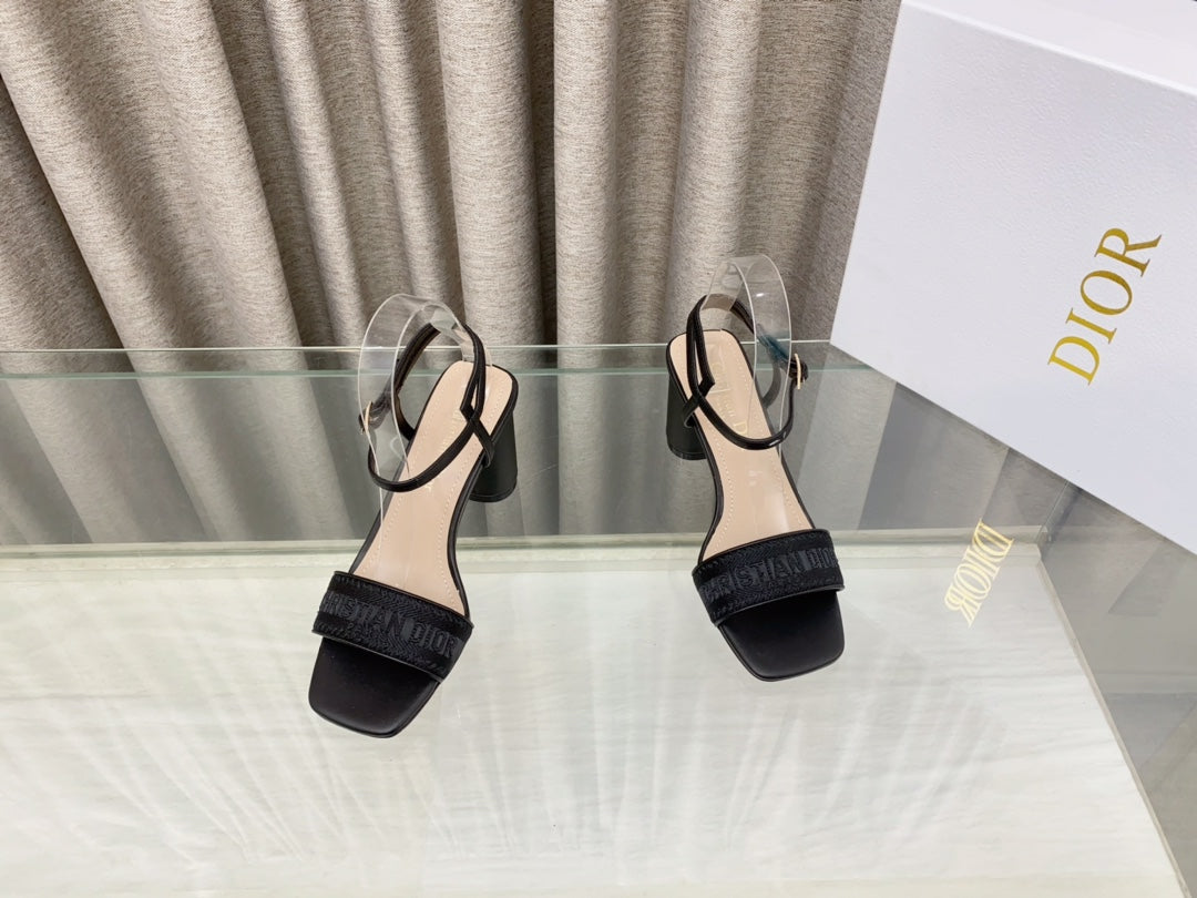DIOR DWAY HIGH HEEL EMBROIDERED SANDAL BLACK CALFSKIN 75 MM