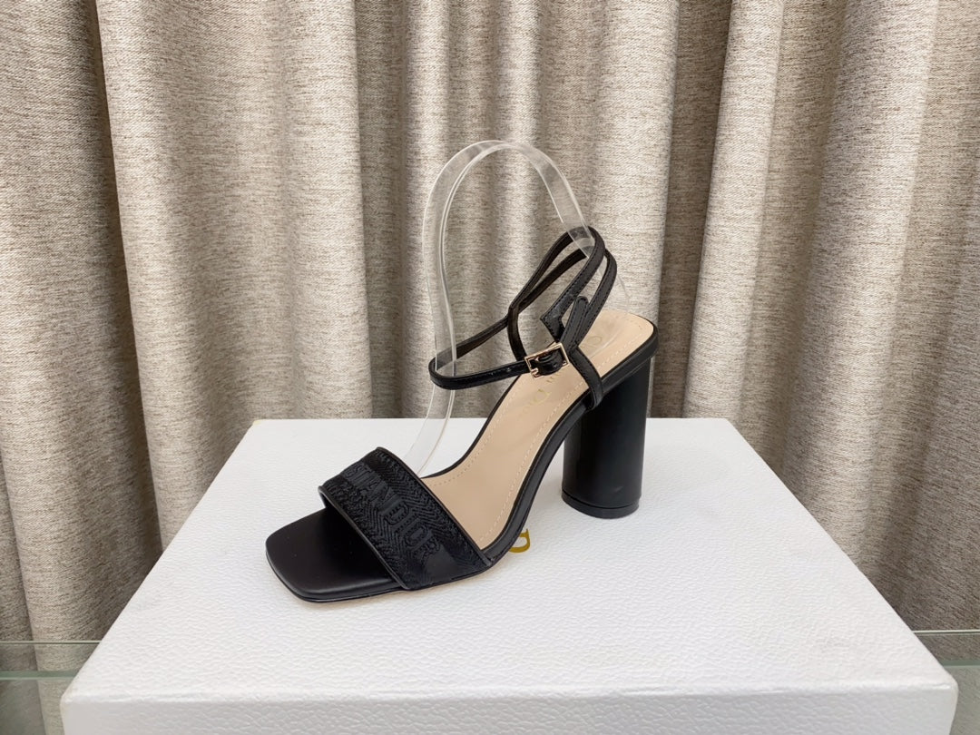 DIOR DWAY HIGH HEEL EMBROIDERED SANDAL BLACK CALFSKIN 95 MM