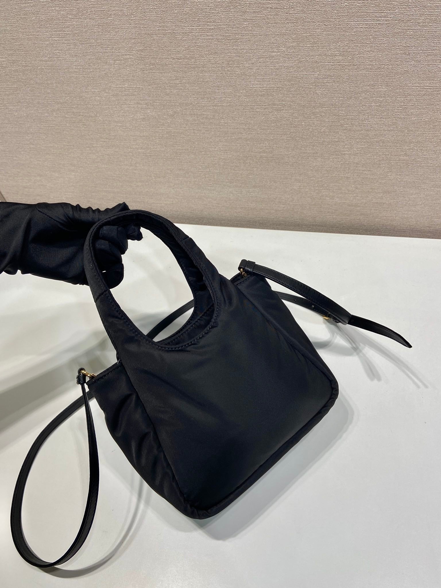 PRADA MINI BOW TOTE BAG 18 IN BLACK PADDED NYLON FABRIC
