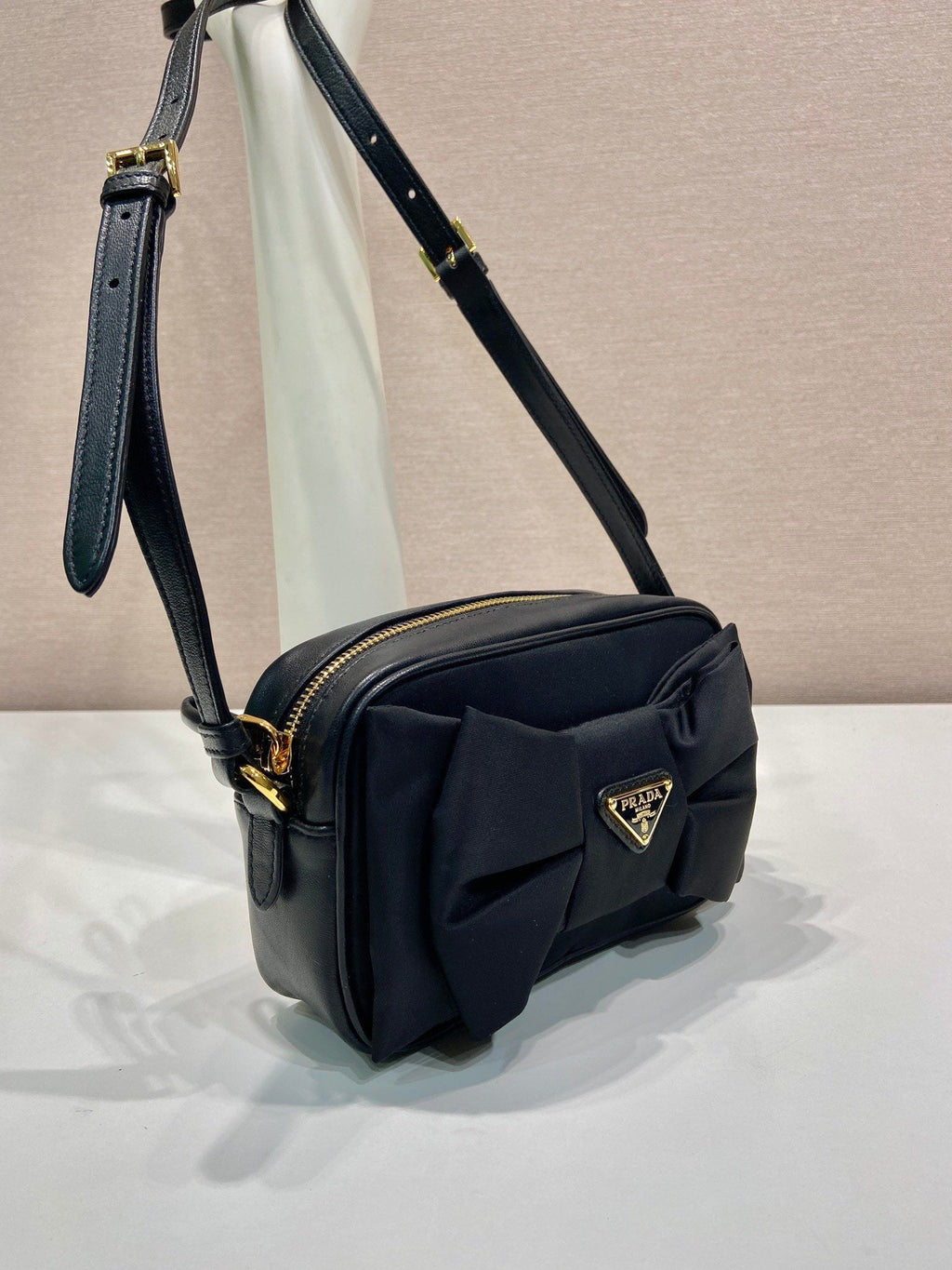 PRADA BOW BAG 18 IN BLACK RE-NYLON AND LAMBSKIN