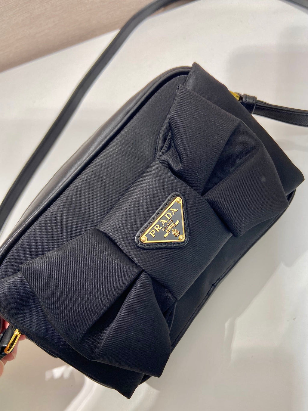 PRADA BOW BAG 18 IN BLACK RE-NYLON AND LAMBSKIN