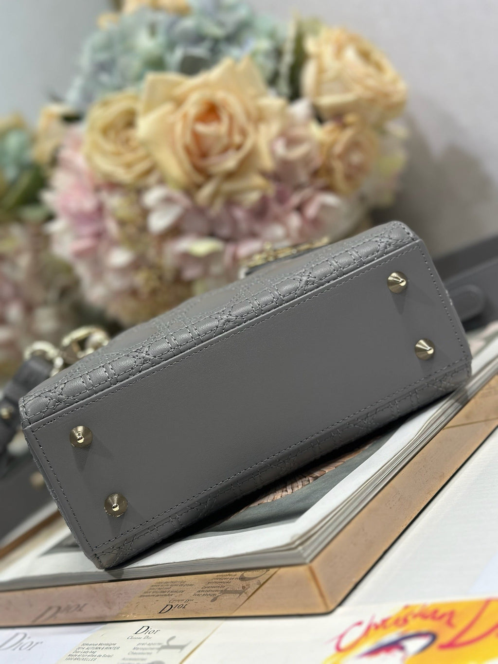 DIOR LADY SMALL BAG 20 IN GREY MACROCANNAGE LAMBSKIN GOLD HARDWARE