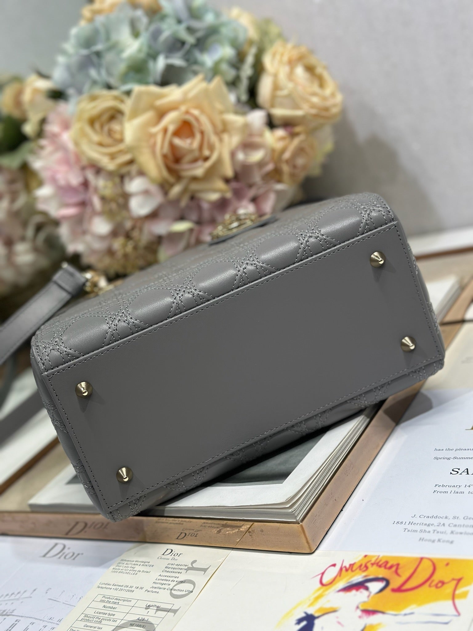 DIOR LADY SMALL BAG 24 IN GREY MACROCANNAGE LAMBSKIN GOLD HARDWARE