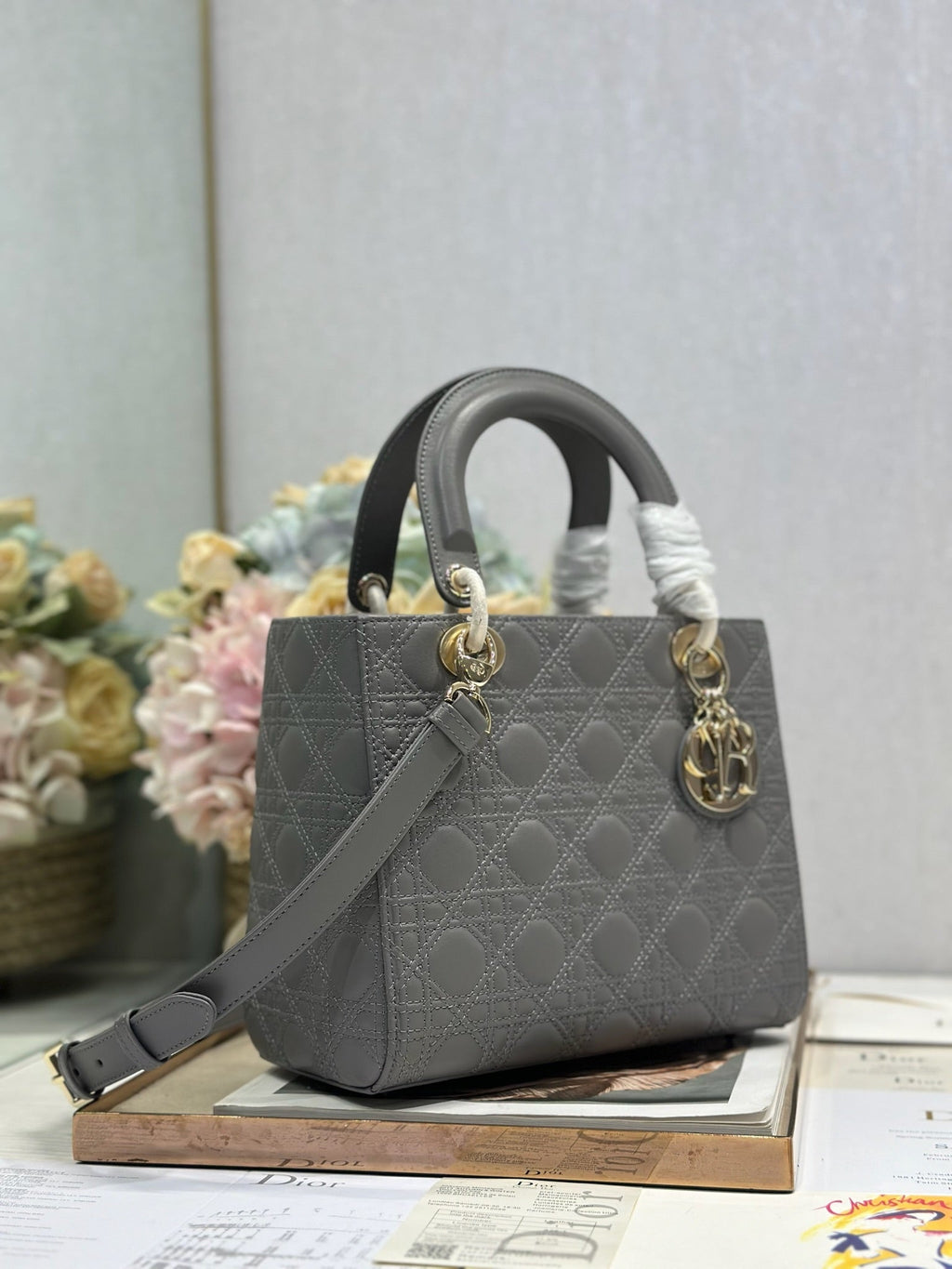 DIOR LADY SMALL BAG 24 IN GREY MACROCANNAGE LAMBSKIN GOLD HARDWARE