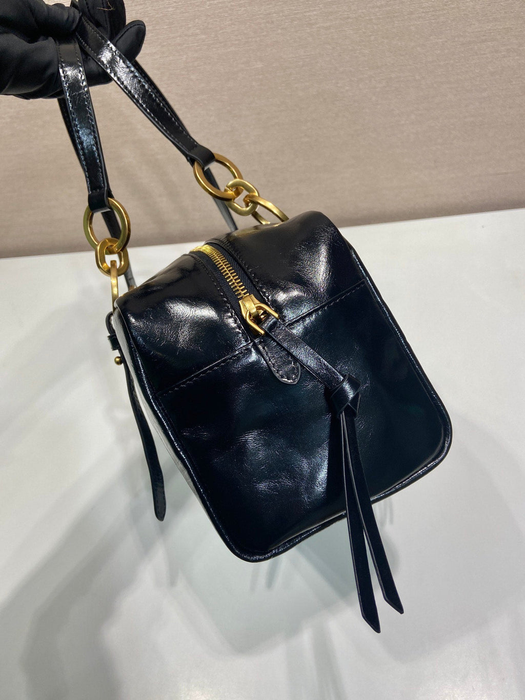 PRADA LARGE RECTANGULAR BAG 30 IN BLACK OIL WAX LAMBSKIN GOLD HARDWARE
