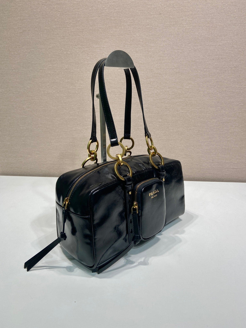 PRADA LARGE RECTANGULAR BAG 30 IN BLACK OIL WAX LAMBSKIN GOLD HARDWARE