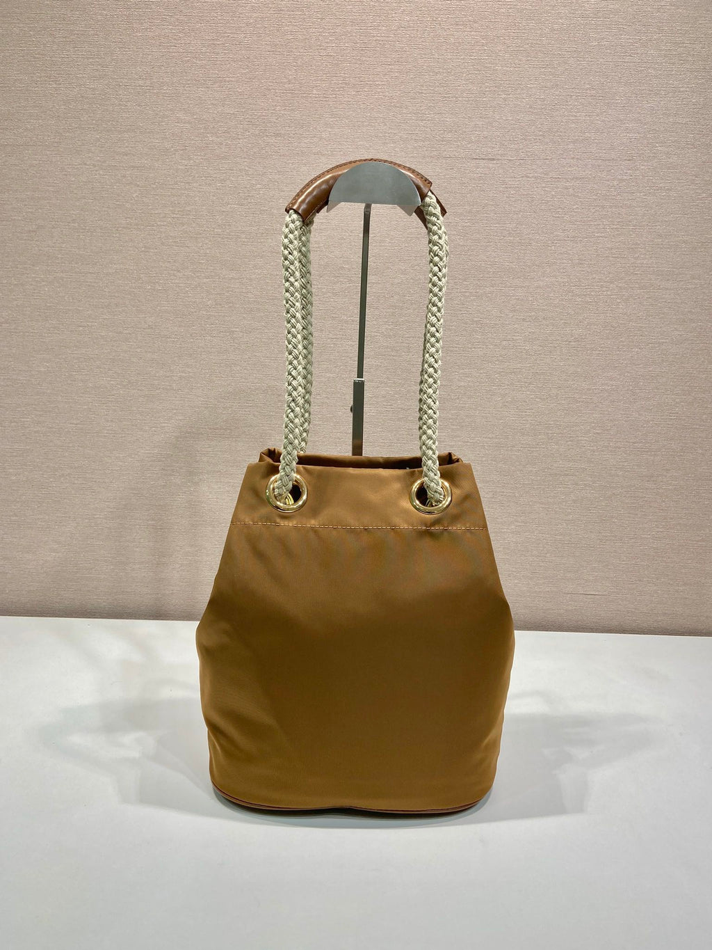 PRADA BUCKET BAG 28 IN SEPIA BROWN RE-NYLON GOLD LOGO