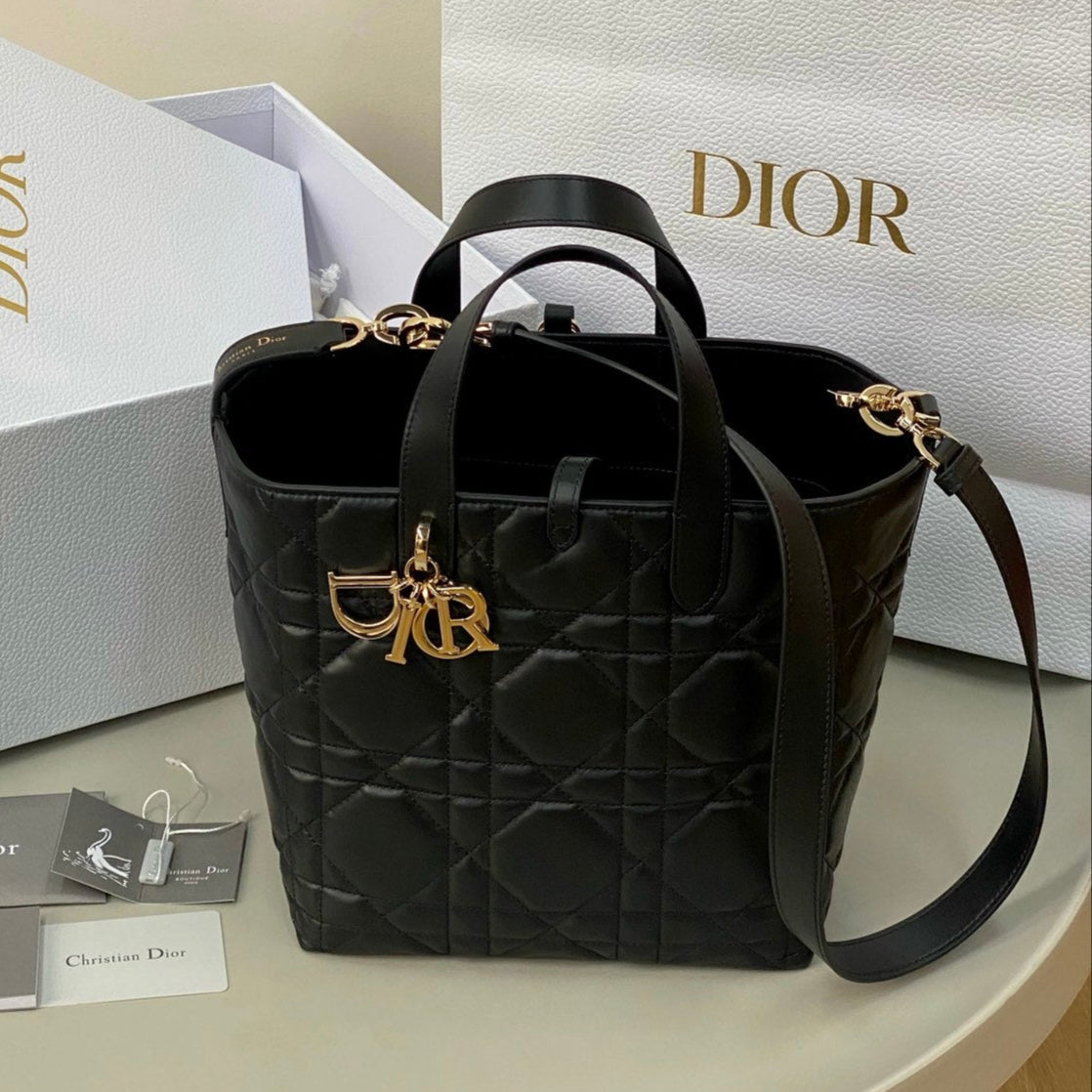 DIOR MEDIUM TOUJOURS BUCKET BAG 22 IN BLACK CANNAGE CALFSKIN
