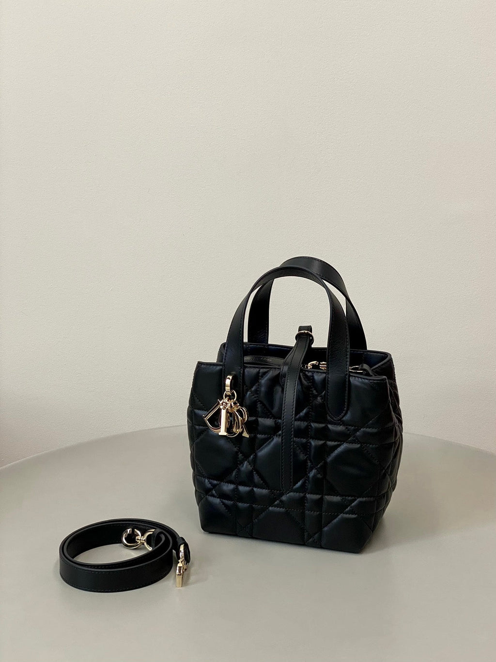 DIOR MINI TOUJOURS BUCKET BAG 18 IN BLACK CANNAGE CALFSKIN