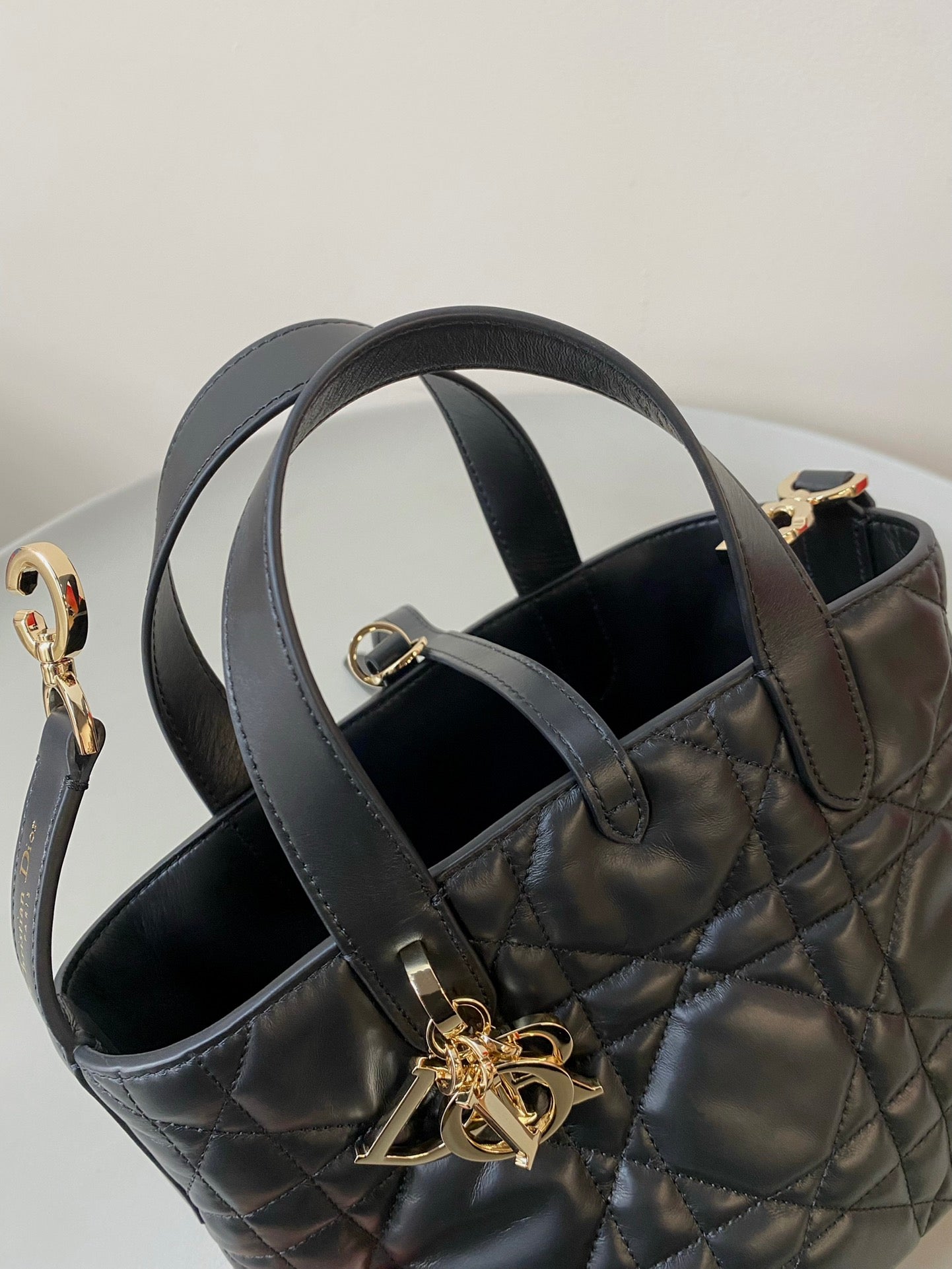 DIOR MINI TOUJOURS BUCKET BAG 18 IN BLACK CANNAGE CALFSKIN