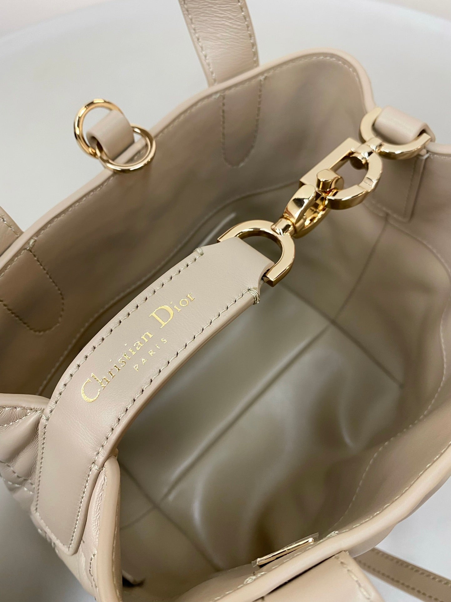 DIOR MINI TOUJOURS BUCKET BAG 18 IN BEIGE CANNAGE CALFSKIN