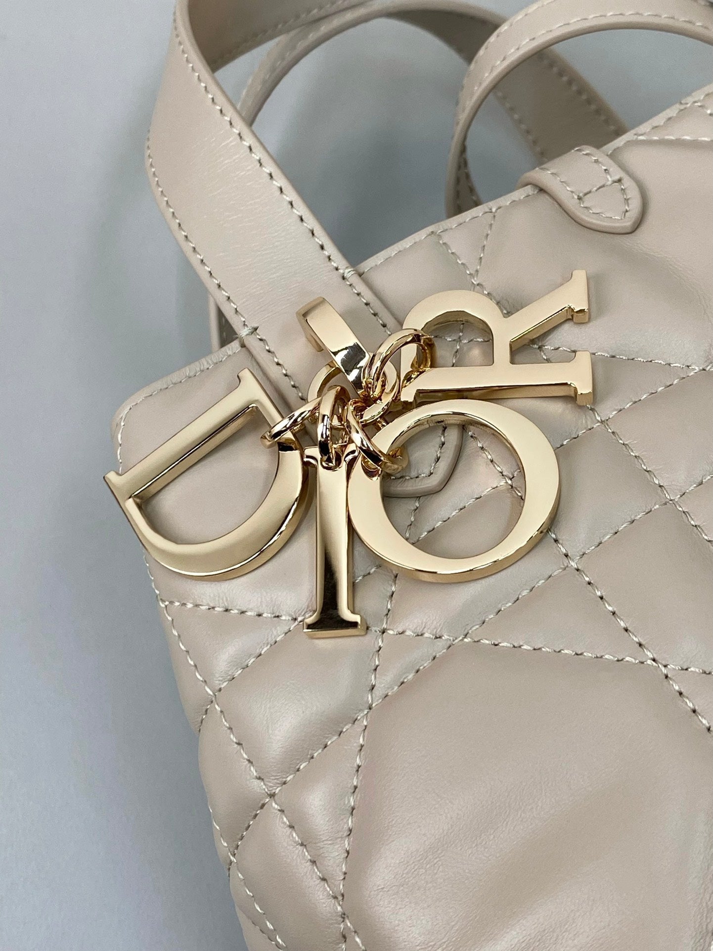 DIOR MINI TOUJOURS BUCKET BAG 18 IN BEIGE CANNAGE CALFSKIN