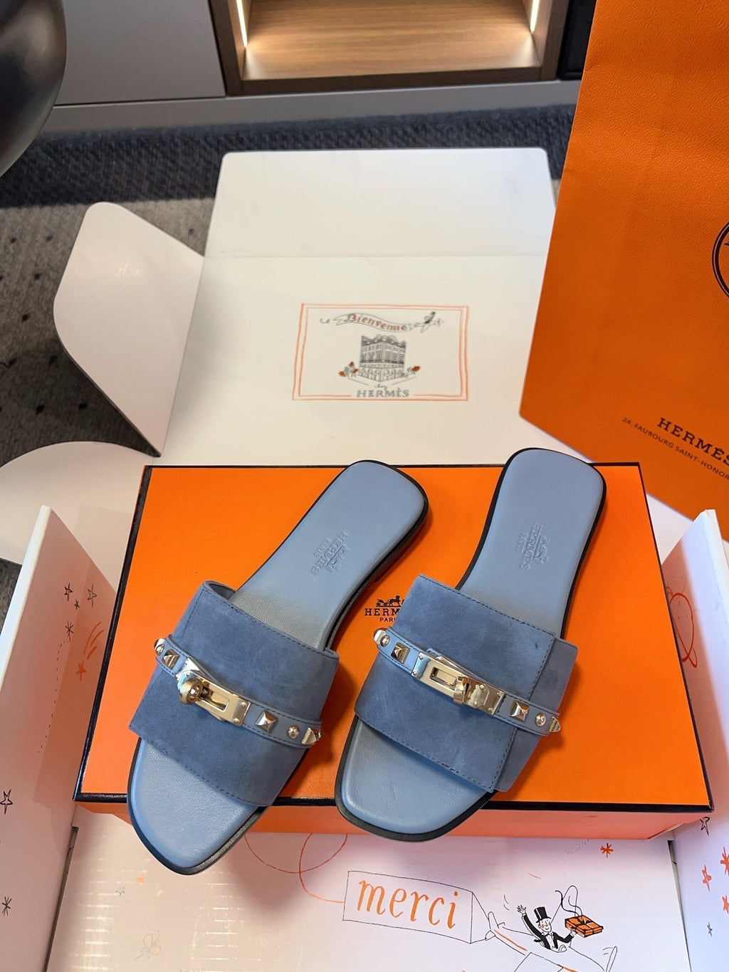 HERMES GIULIA FLAT SANDAL IN CERULEAN BLUE SUEDE