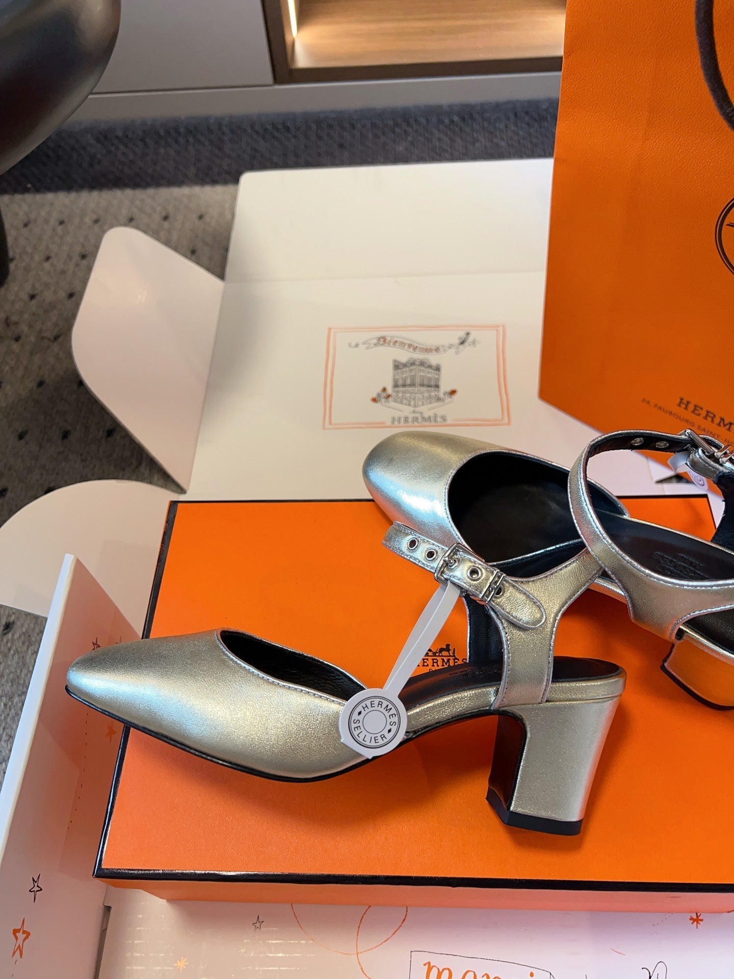 HERMES KLEO HIGH SLINGBACK IN SILVER CALFSKIN