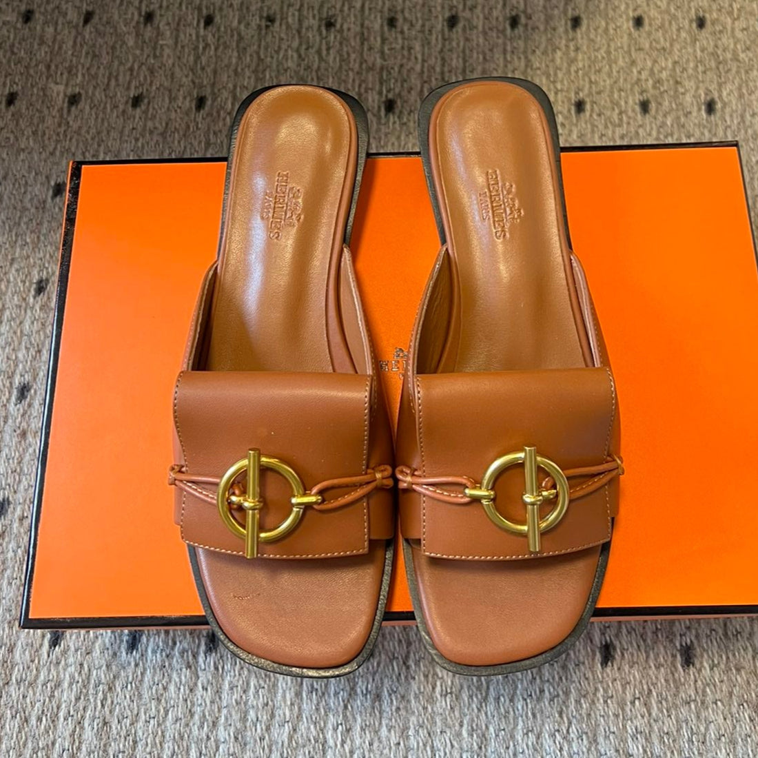 HERMES ILOT FLAT SANDAL IN BRONZE BROWN CALFSKIN