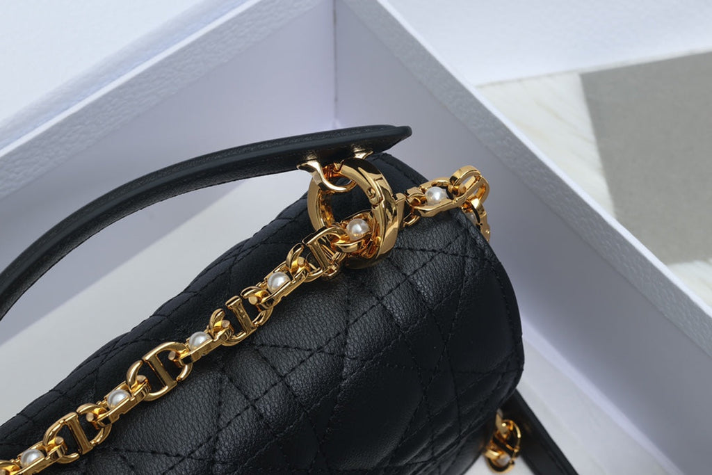 DIOR JOLIE TOP HANDLE BAG 19 IN BLACK CANNAGE CALFSKIN