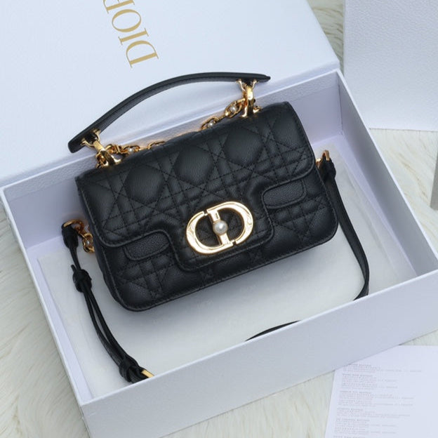 DIOR JOLIE TOP HANDLE BAG 19 IN BLACK CANNAGE CALFSKIN