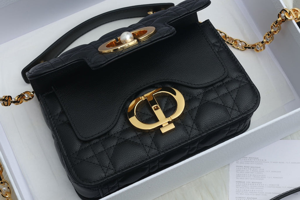 DIOR JOLIE TOP HANDLE BAG 19 IN BLACK CANNAGE CALFSKIN