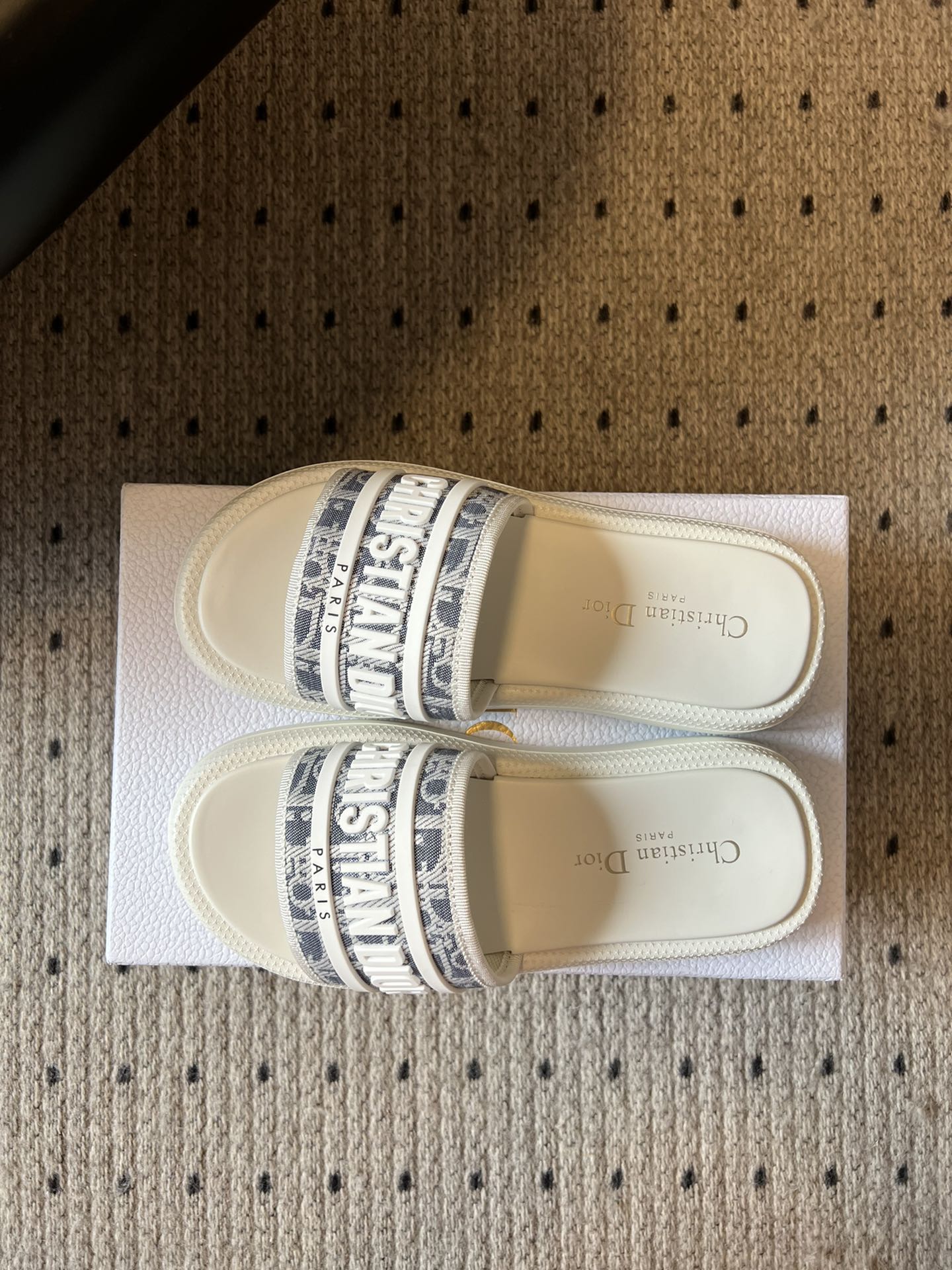 DIOR CD DWAY SLIDES WHITE RUBBER TOILE DE JOUY EMBROIDERY