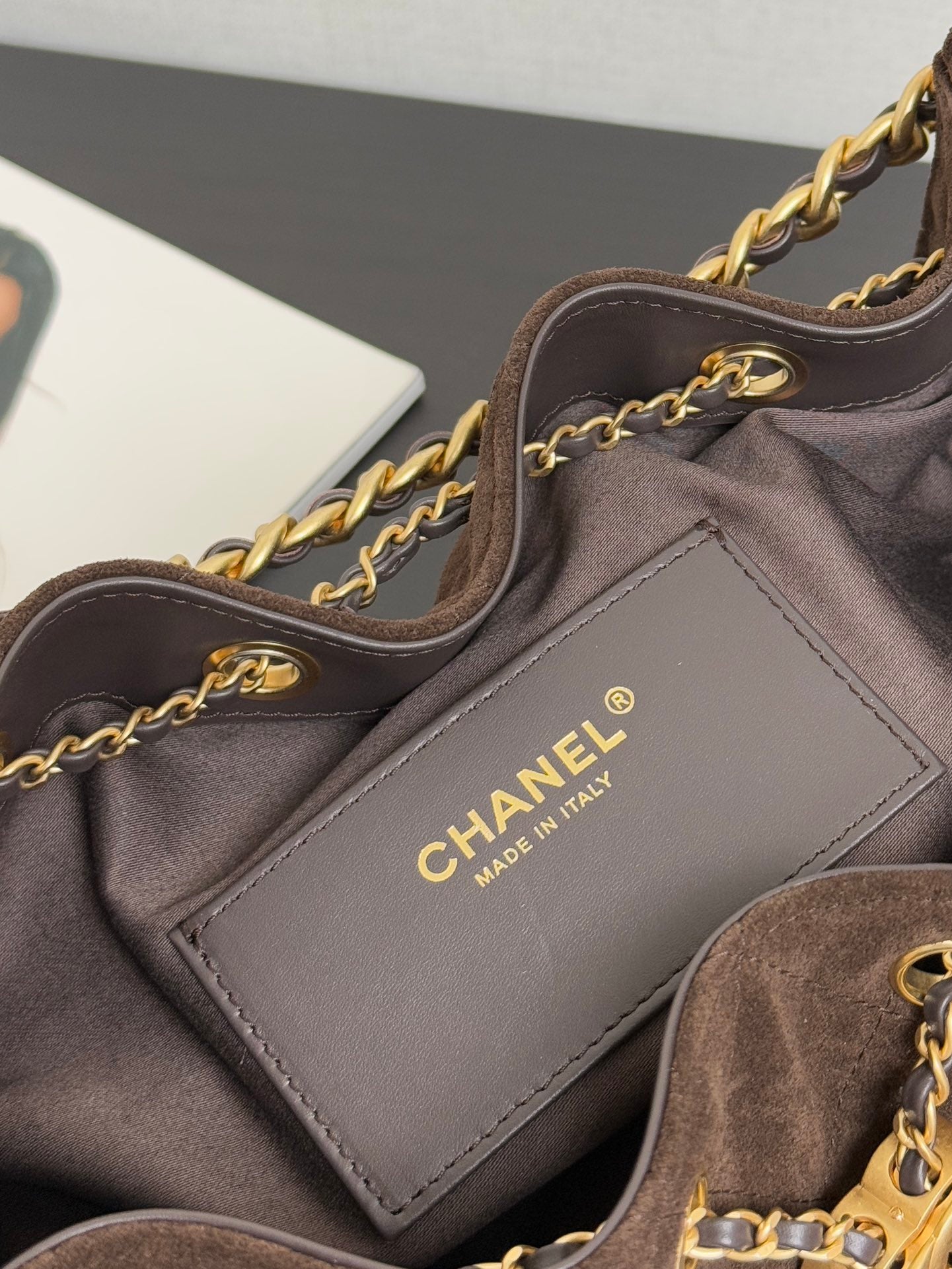 CHANEL 25S HOBO BAG 40 CM IN DARK BROWN SUEDE WITH GOLD HARDWARE