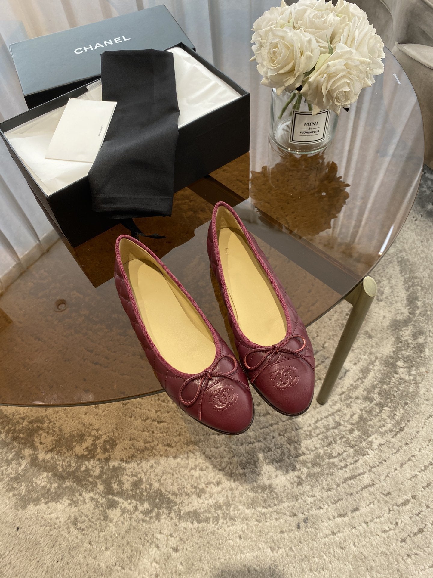 CHANEL BALLET FLATS BURGUNDY QUILTED LAMBSKIN