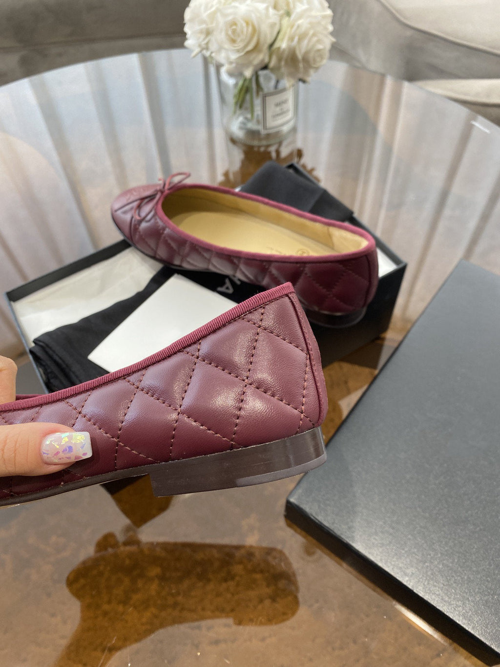 CHANEL BALLET FLATS BURGUNDY QUILTED LAMBSKIN