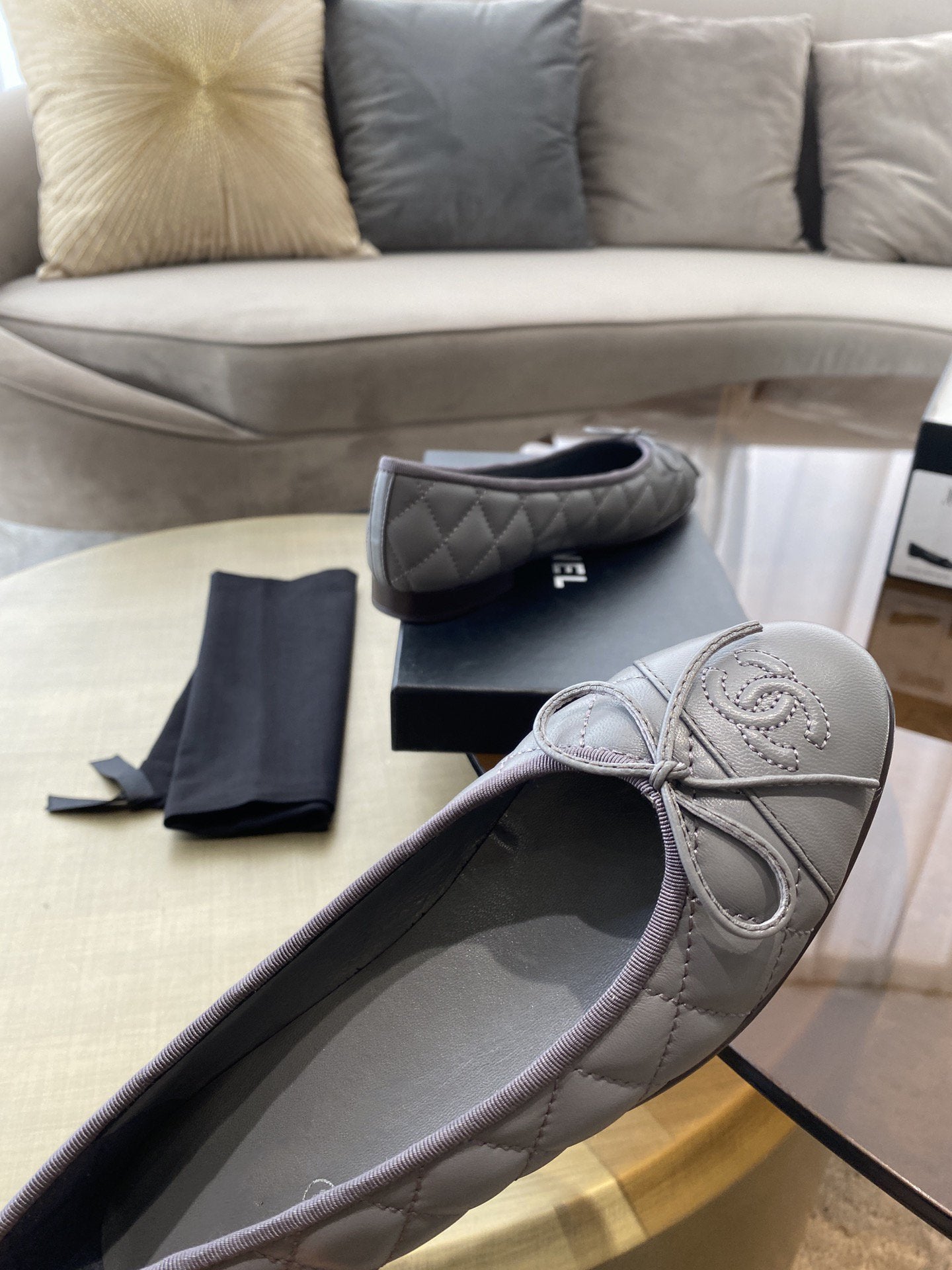CHANEL BALLET FLATS GREY QUILTED LAMBSKIN
