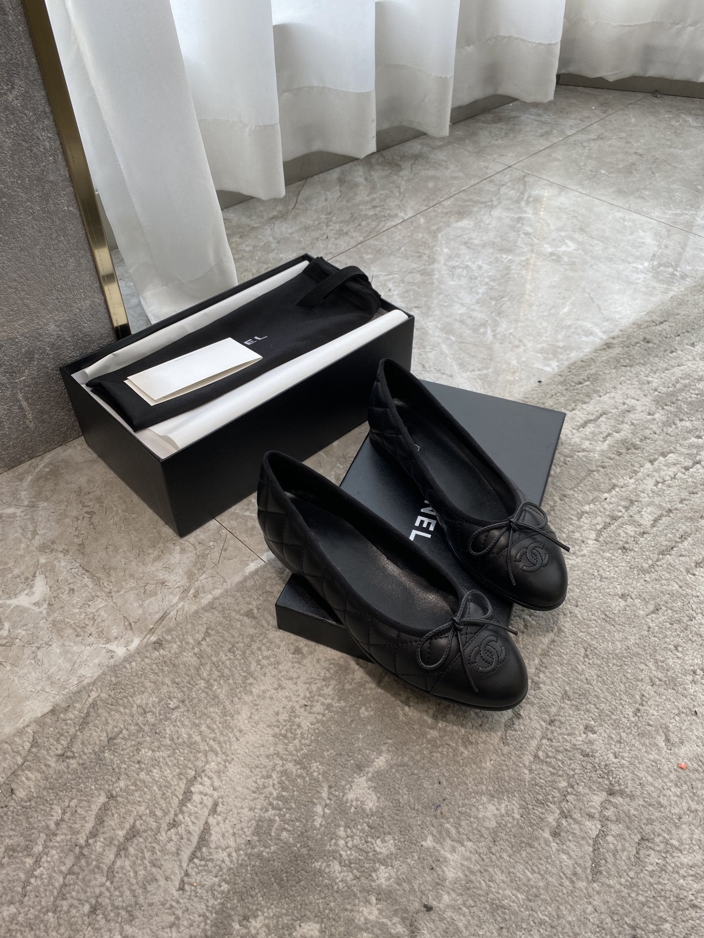 CHANEL BALLET FLATS ALL BLACK QUILTED LAMBSKIN