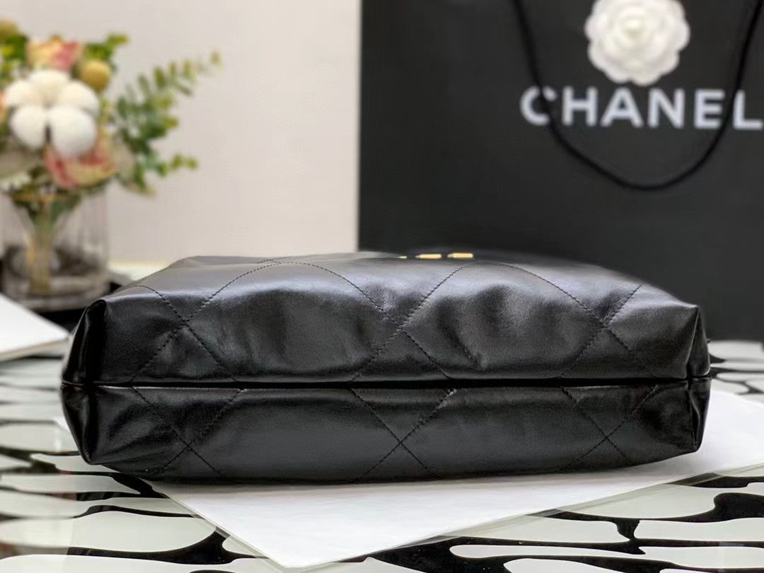 CHANEL HOBO BAG 22 BLACK LAMBSKIN GOLD HARDWARE