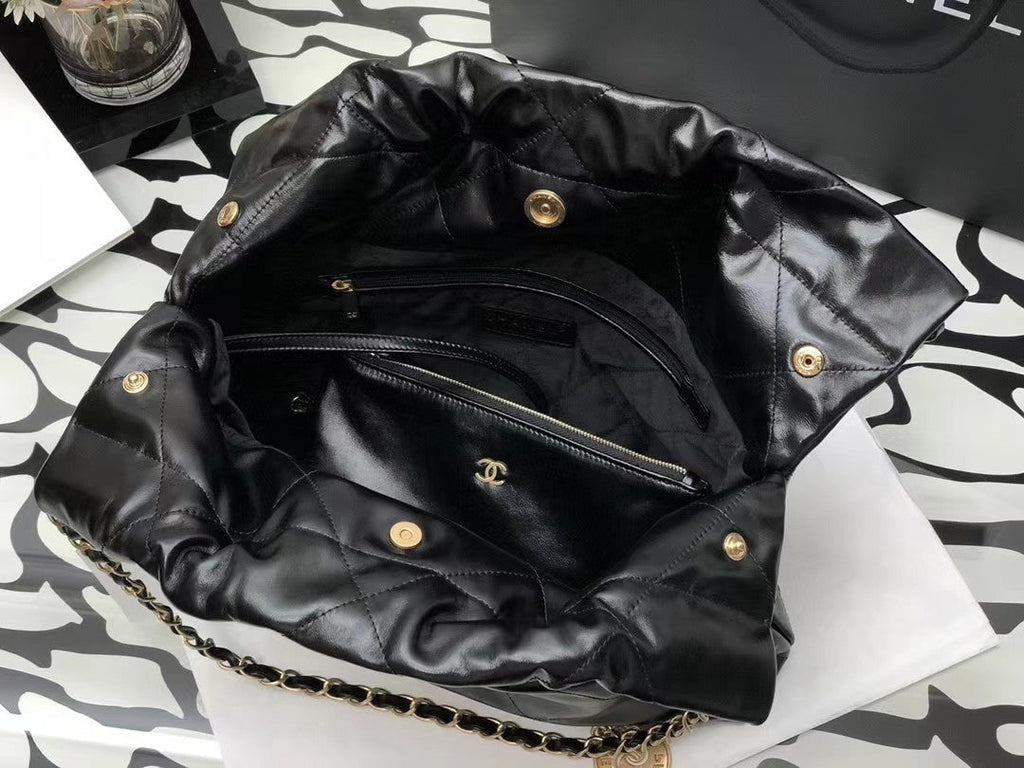 CHANEL HOBO BAG 22 BLACK LAMBSKIN GOLD HARDWARE