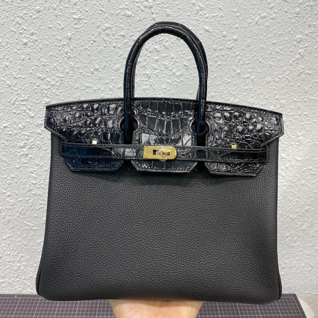 HERMES BIRKIN 25CM BLACK CROCODILE AND TOGO LEATHER GOLD HARDWARE