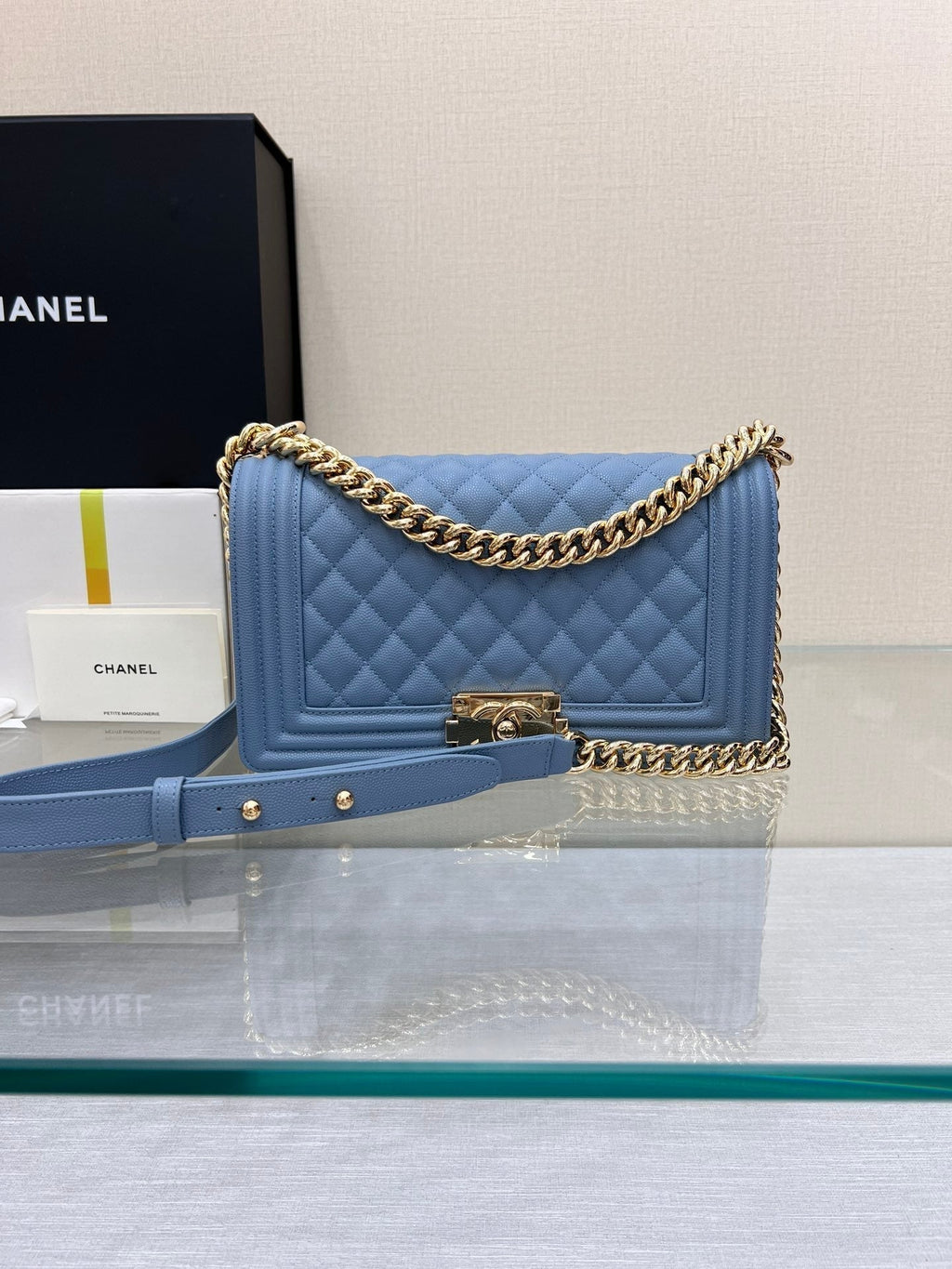 CHANEL BOY BAG MEDIUM 25 CLOUD BLUE CAVIAR GOLD HARDWARE
