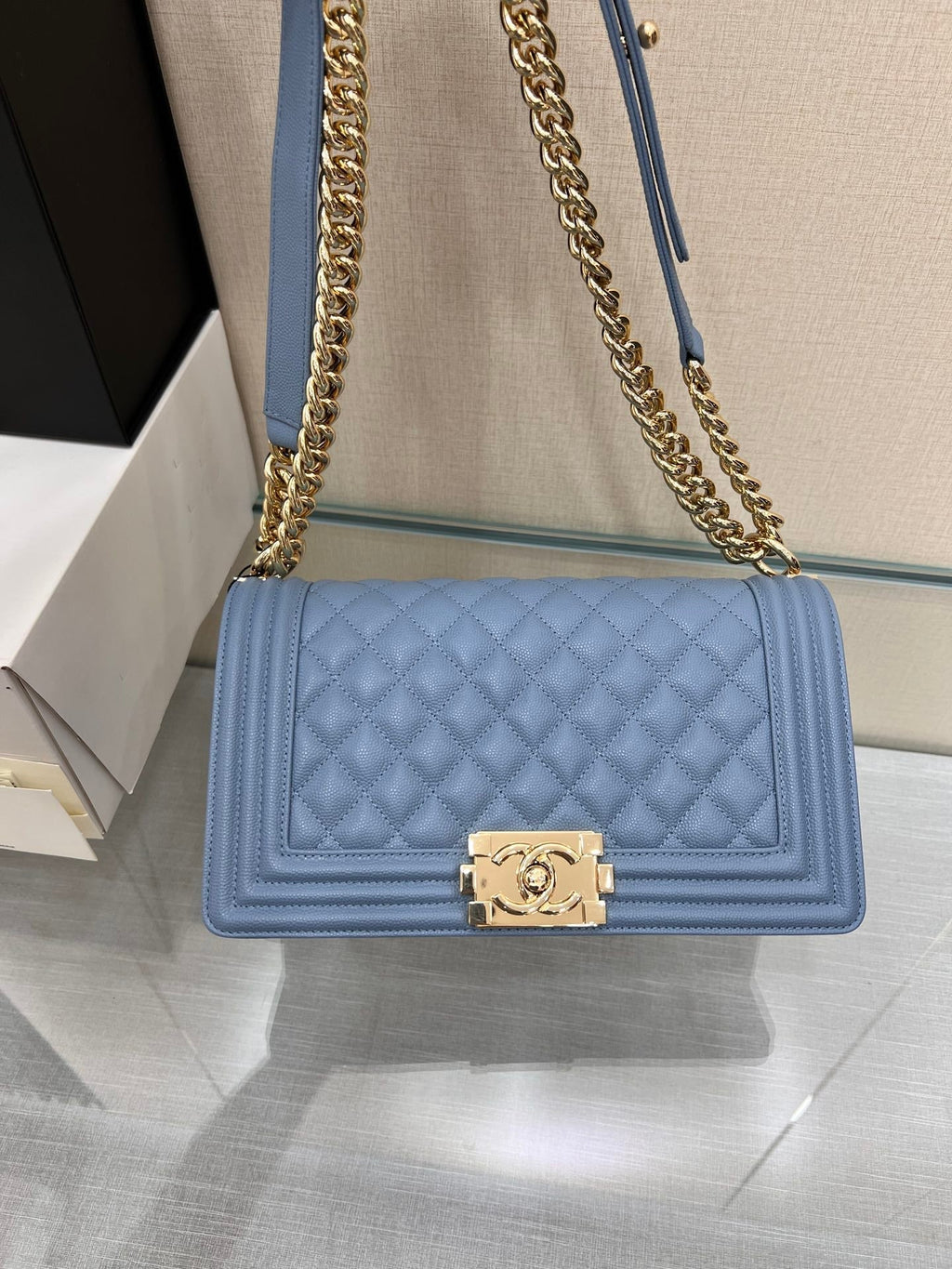 CHANEL BOY BAG MEDIUM 25 CLOUD BLUE CAVIAR GOLD HARDWARE