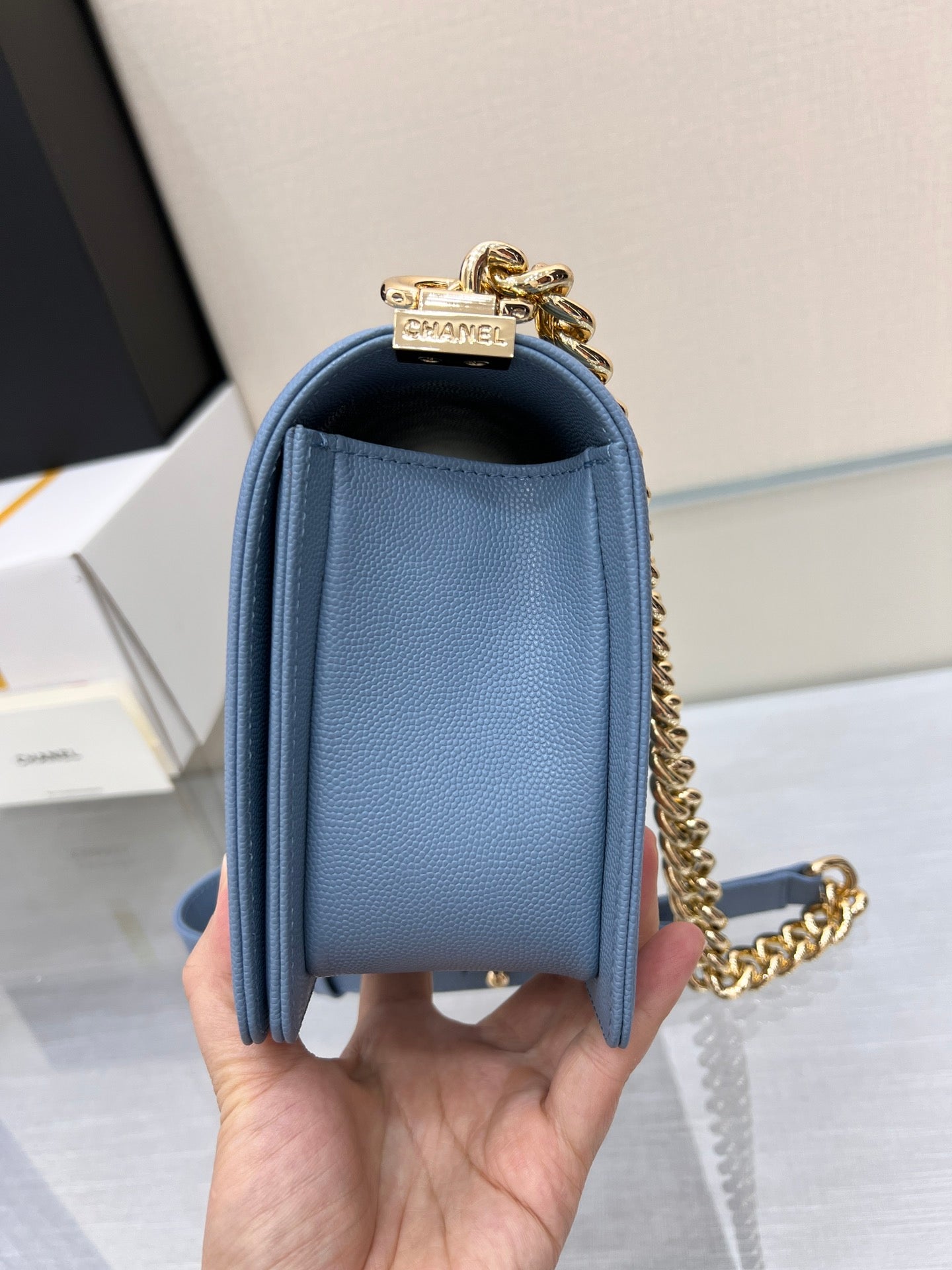 CHANEL BOY BAG MEDIUM 25 CLOUD BLUE CAVIAR GOLD HARDWARE