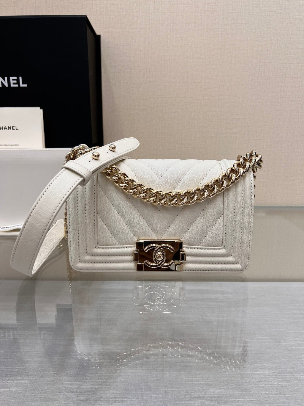 CHANEL BOY BAG SMALL 20 WHITE CHEVRON CAVIAR GOLD HARDWARE