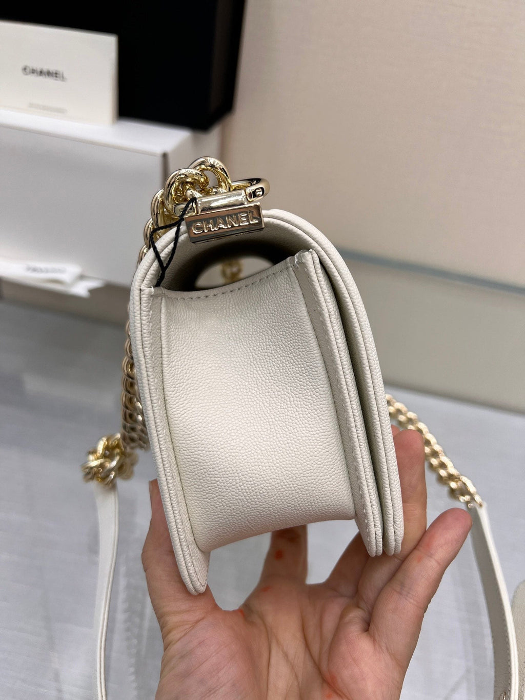 CHANEL BOY BAG SMALL 20 WHITE CHEVRON CAVIAR GOLD HARDWARE