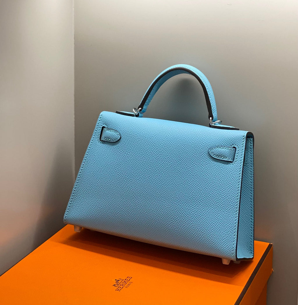 HERMES KELLY MINI 20 SKY BLUE EPSOM SILVER HARDWARE