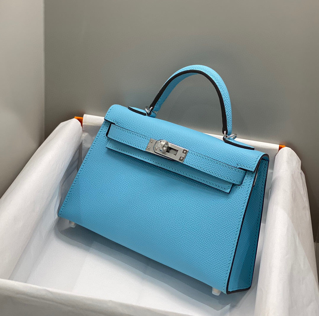 HERMES KELLY MINI 20 SKY BLUE EPSOM SILVER HARDWARE