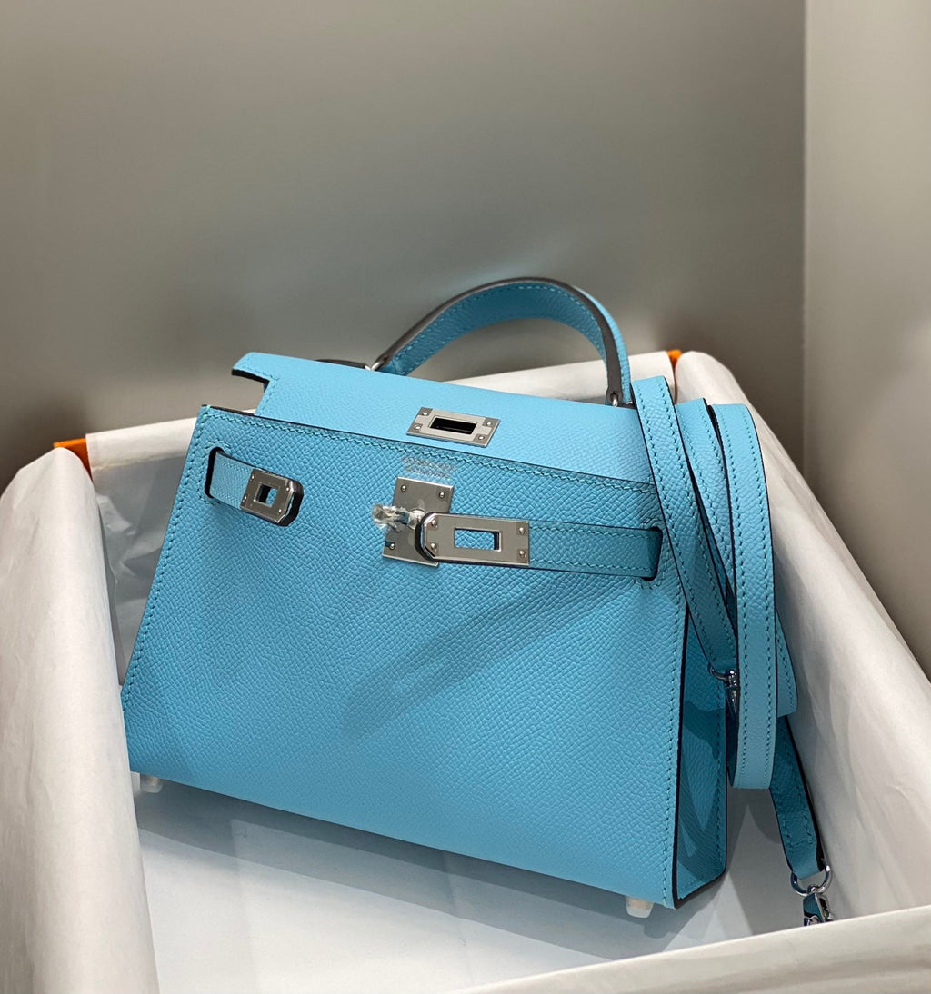 HERMES KELLY MINI 20 SKY BLUE EPSOM SILVER HARDWARE