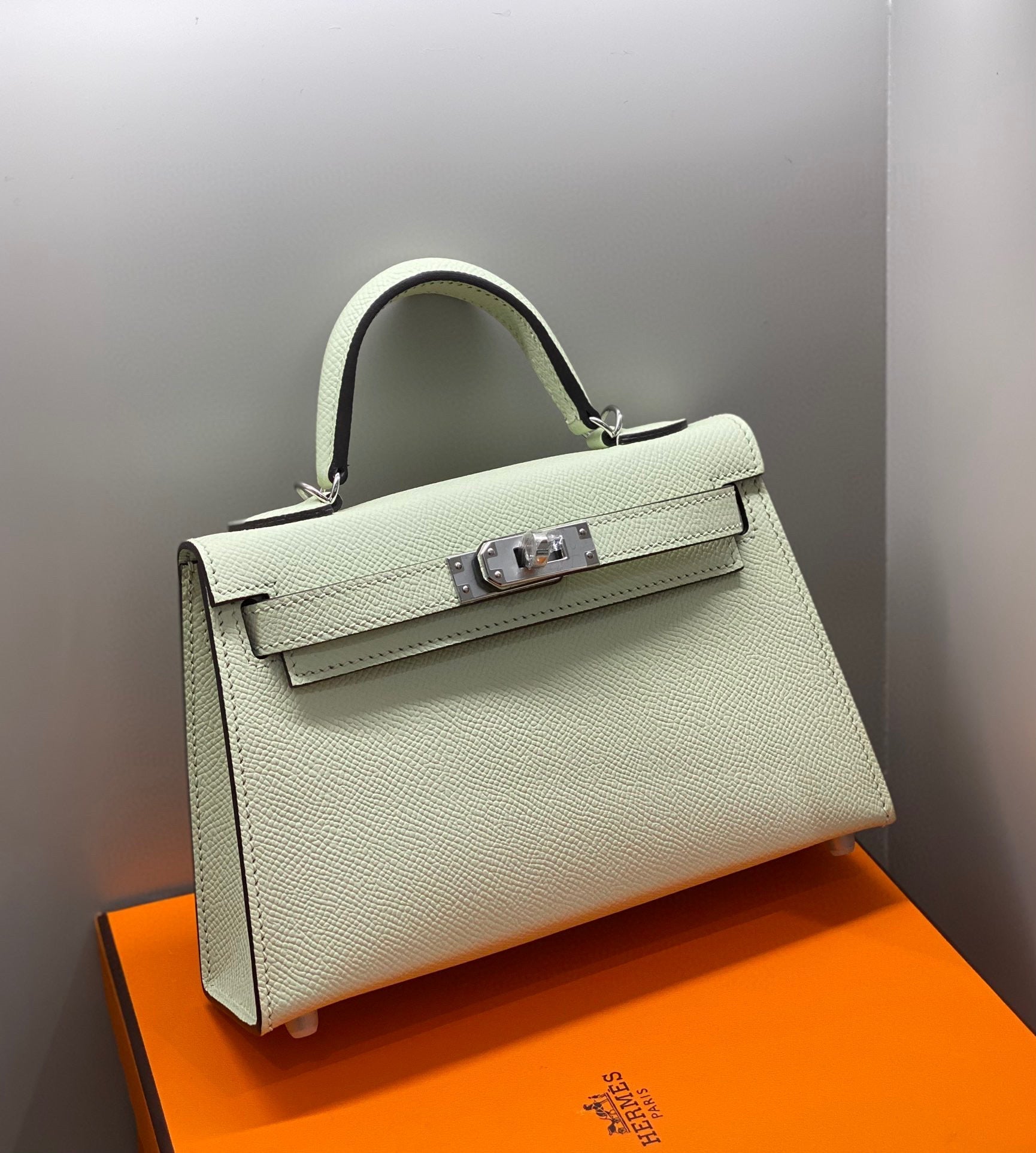 HERMES KELLY MINI 20 SEAFOAM EPSOM SILVER HARDWARE