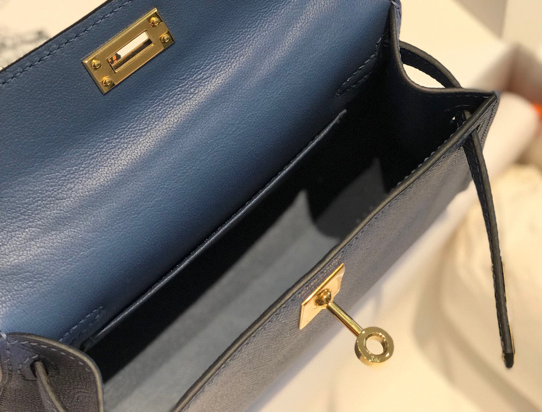 HERMES KELLY MINI 20 DENIM EPSOM GOLD HARDWARE