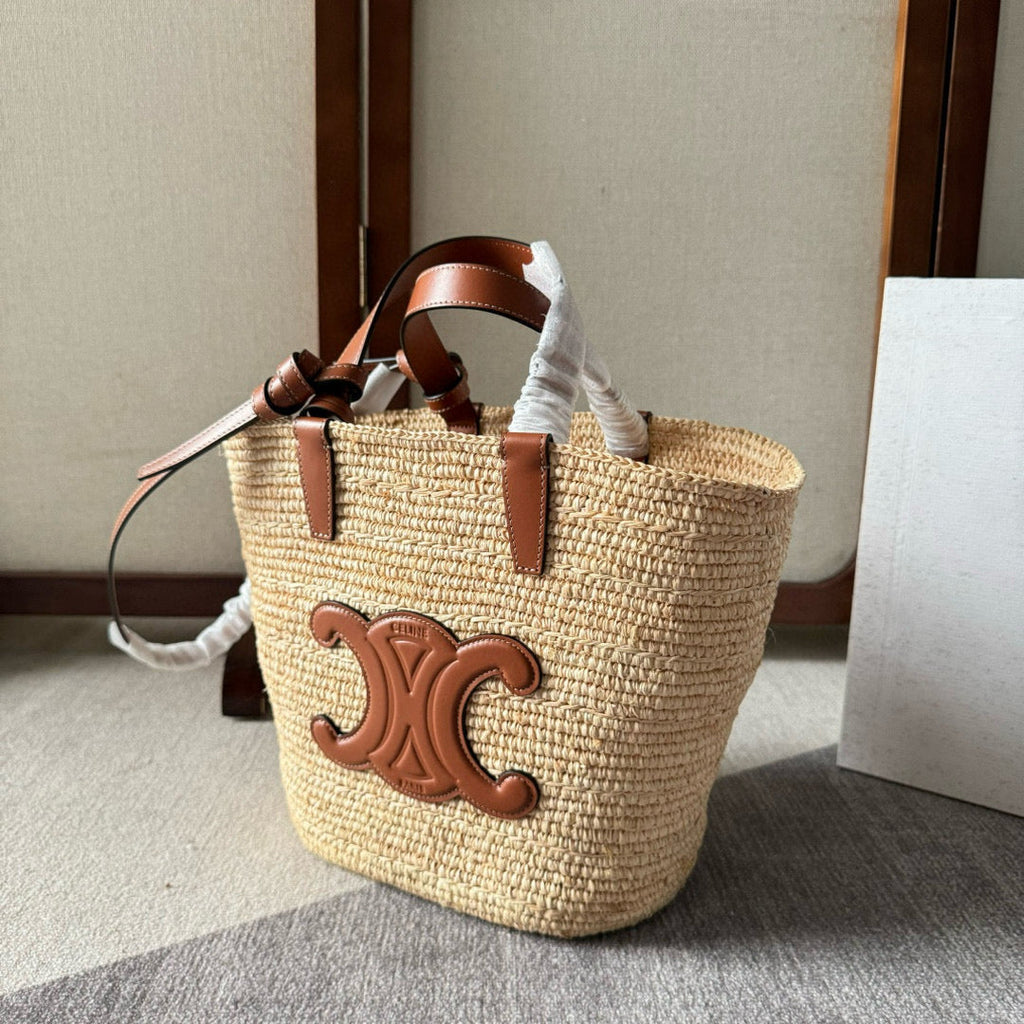 CELINE TEEN SUPPLE  CLASSIC PANIER IN RAFFIA AND CALFSKIN TAN