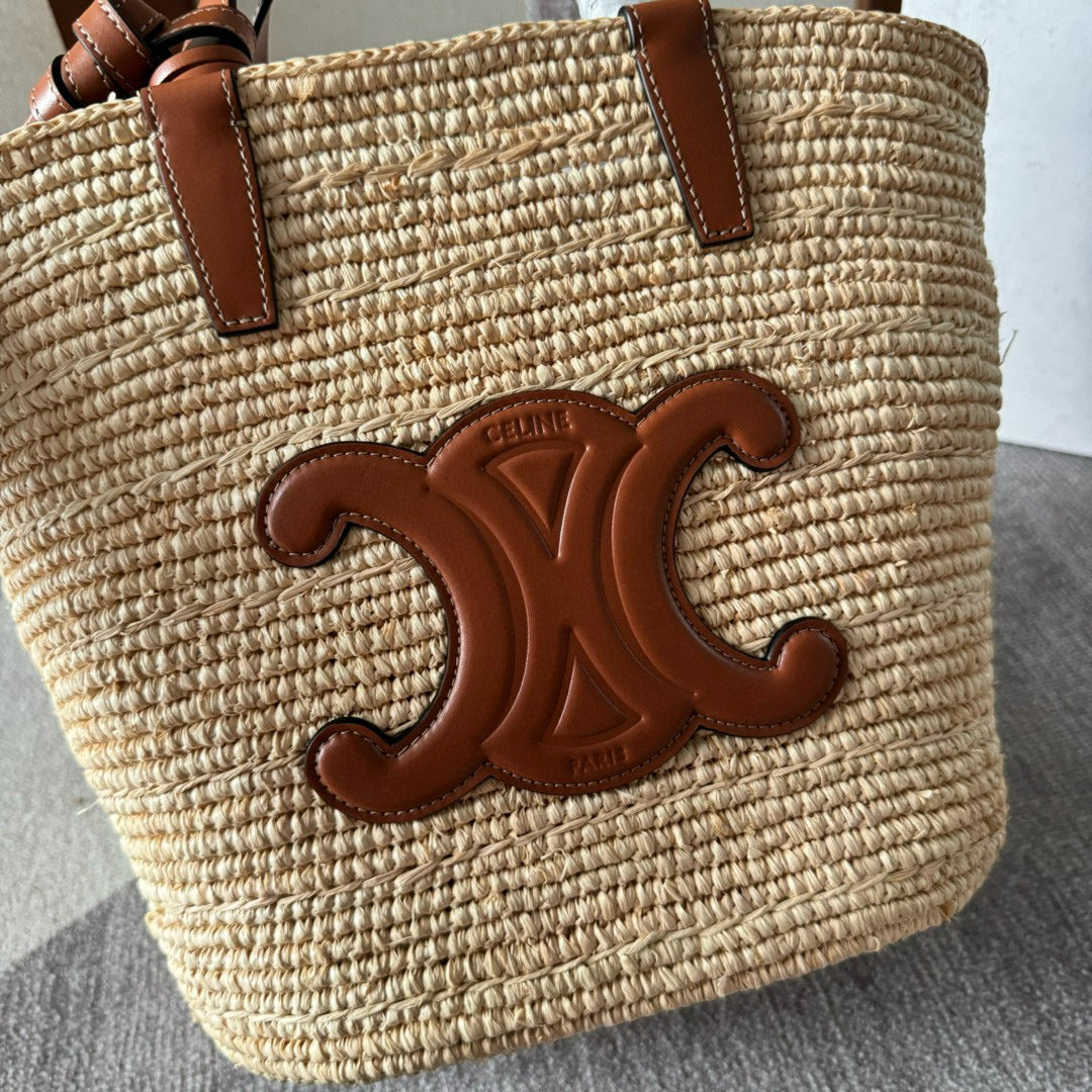 CELINE TEEN SUPPLE  CLASSIC PANIER IN RAFFIA AND CALFSKIN TAN