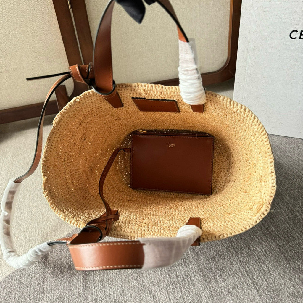 CELINE TEEN SUPPLE  CLASSIC PANIER IN RAFFIA AND CALFSKIN TAN